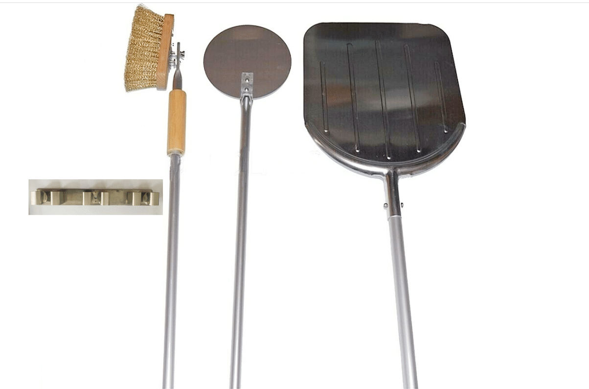 KIT JUEGO DE PALAS PARA PIZZA PALA DE HORNO DE LEÑA Q.+18+ CEPILLO P.+ SOPORTE DE PARED