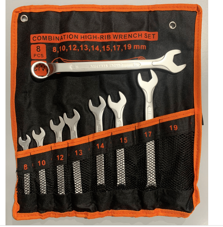 KIT 8 LLAVES COMBINADAS POLIGONALES FIJAS CURVAS 8-19 MM ANILLO CR-V DE ACERO 547XI