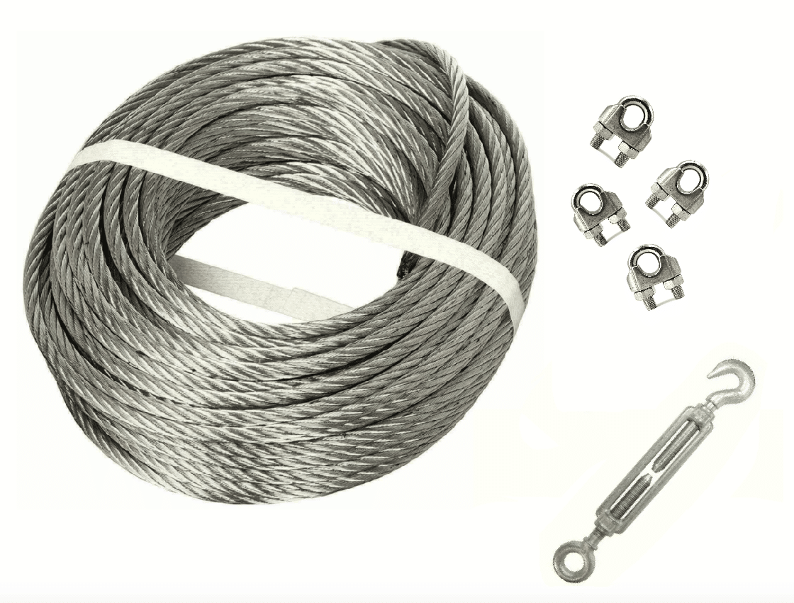 17956 CUERDA COMERCIAL + ABRAZADERA TENSORA CABRESTANTE DE GANCHO DE OJO DE ACERO 5MM 10MT