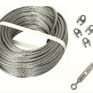 CUERDA COMERCIAL + ABRAZADERA TENSORA CABRESTANTE DE GANCHO DE OJO DE ACERO 6MM 25MT
