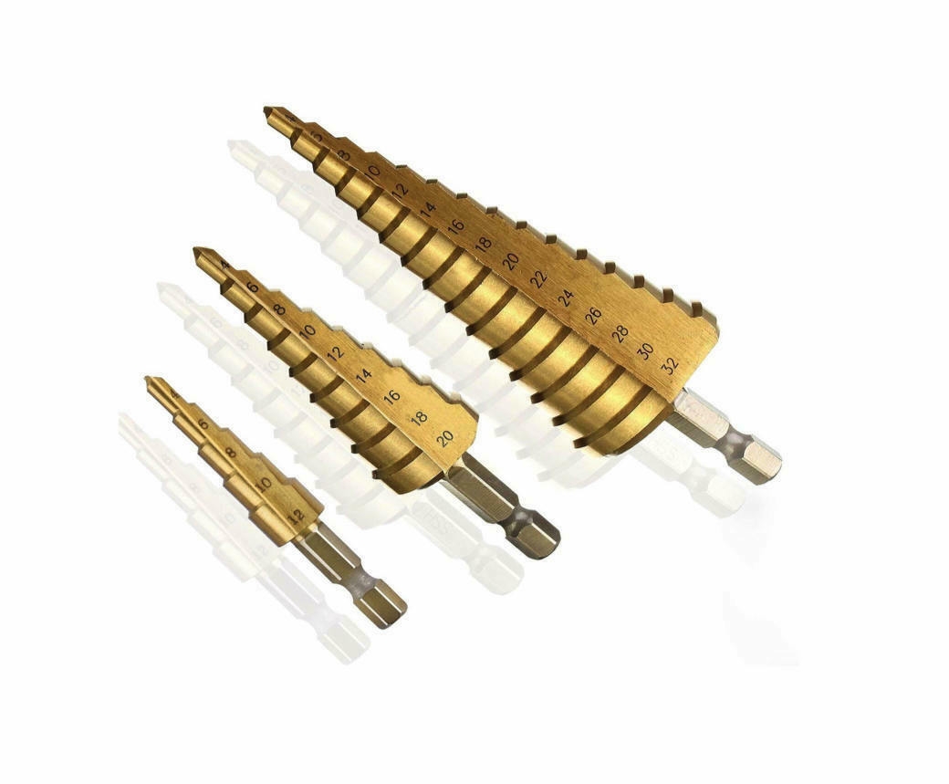 KIT 3 PIEZAS CORTADORES BROCAS CÓNICAS PASO 4-32mm ESCALÓN CÓNICO CORTADOR AGUJERO AMPLIADOR 857