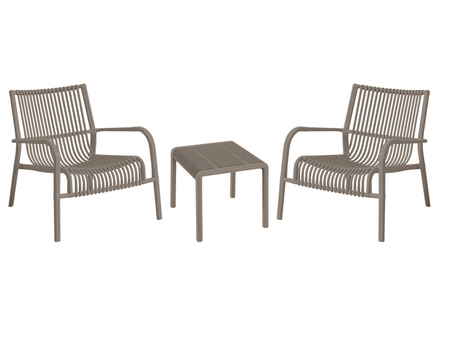 Conjunto de 3 muebles de salón para jardín exterior en polipropileno sillón silla mesa gris tórtola 832v