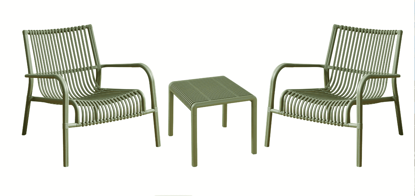 set-salotto-verde Conjunto de 3 muebles de salón para jardín exterior en polipropileno sillón silla mesa verde 825v - Imagen 1