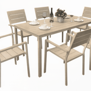 MESA Y SILLAS RECTANGULARES JARDÍN RESINA EFECTO MADERA SET BEIGE OUTDOOR VE