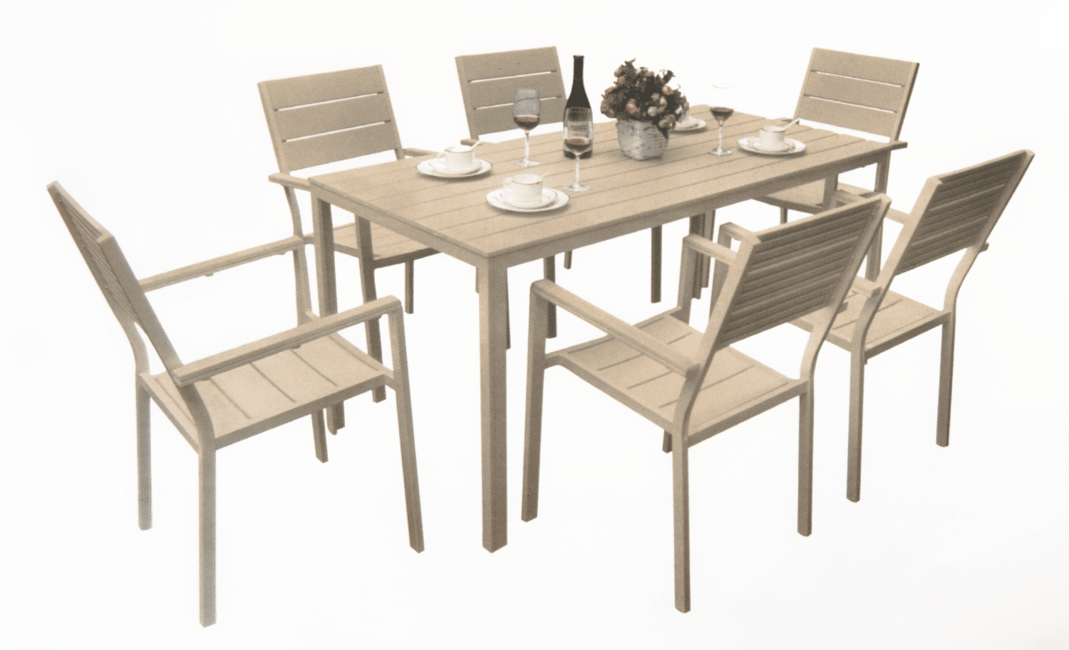 MESA Y SILLAS RECTANGULARES JARDÍN RESINA EFECTO MADERA SET BEIGE OUTDOOR VE
