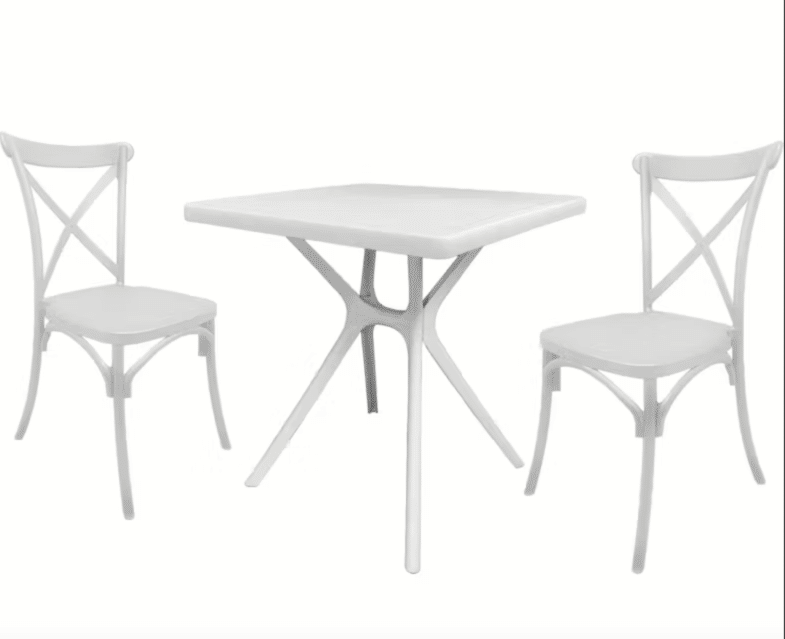 Kit mesa cuadrada cm 70×70 + 2 sillas polipropileno bar restaurante interior exterior cruz blanco 641v
